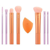 Real Techniques Level Up Brush And Sponge Kit, Makeup Brushes For Eyeshadow, Foundation, Blush, & Bronzer, Blending Sponge, Professional Quality Tools, Synthetic Bristles, 8 Piece Set