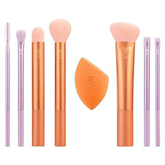 Real Techniques Level Up Brush And Sponge Kit, Makeup Brushes For Eyeshadow, Foundation, Blush, & Bronzer, Blending Sponge, Professional Quality Tools, Synthetic Bristles, 8 Piece Set