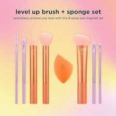 Real Techniques Level Up Brush And Sponge Kit, Makeup Brushes For Eyeshadow, Foundation, Blush, & Bronzer, Blending Sponge, Professional Quality Tools, Synthetic Bristles, 8 Piece Set