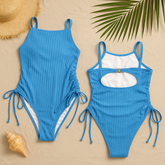 Ribbed Adjustable Ruched One-Piece Swimsuit – Sky Blue