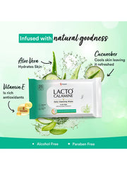 Lacto Calamine Daily Cleansing Face Wipes with Aloe Vera & Cucumber.