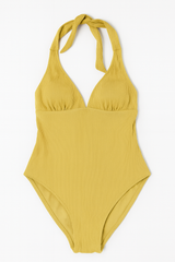 Ribbed Tie-Neck One-Piece Swimsuit – Mustard Yellow