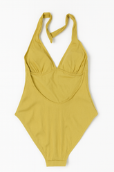 Ribbed Tie-Neck One-Piece Swimsuit – Mustard Yellow