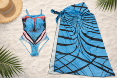 BLUE ABSTRACT PRINT SWIMSUIT WITH WRAP SARONG