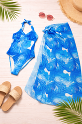 OCEAN MARBLE HALTER SWIMSUIT WITH COORDINATED SARONG - Kunchals