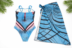 BLUE ABSTRACT PRINT SWIMSUIT WITH WRAP SARONG