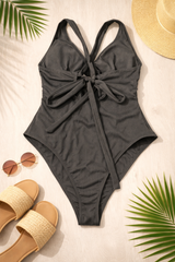 Black Ribbed Lace-Up One-Piece Swimsuit