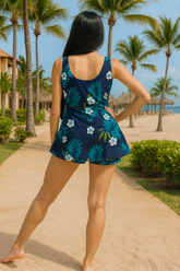 Blue Tropic Leaf Swim Dress