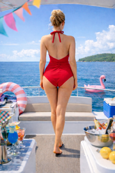 SCARLET TIDE HALTER ONE-PIECE SWIMSUIT - Kunchals