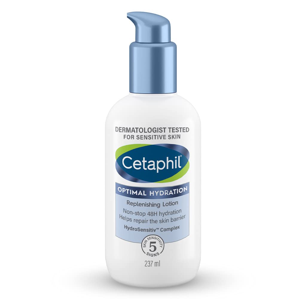 Cetaphil Optimal Hydration Replenishing Body Lotion 237ml | Lightweight moisturizer & non-greasy | Hyaluronic Acid, Sunflower Oil, Blue Daisy extract | Dermatologist Recommended for Sensitive Skin