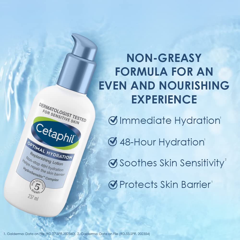 Cetaphil Optimal Hydration Replenishing Body Lotion 237ml | Lightweight moisturizer & non-greasy | Hyaluronic Acid, Sunflower Oil, Blue Daisy extract | Dermatologist Recommended for Sensitive Skin