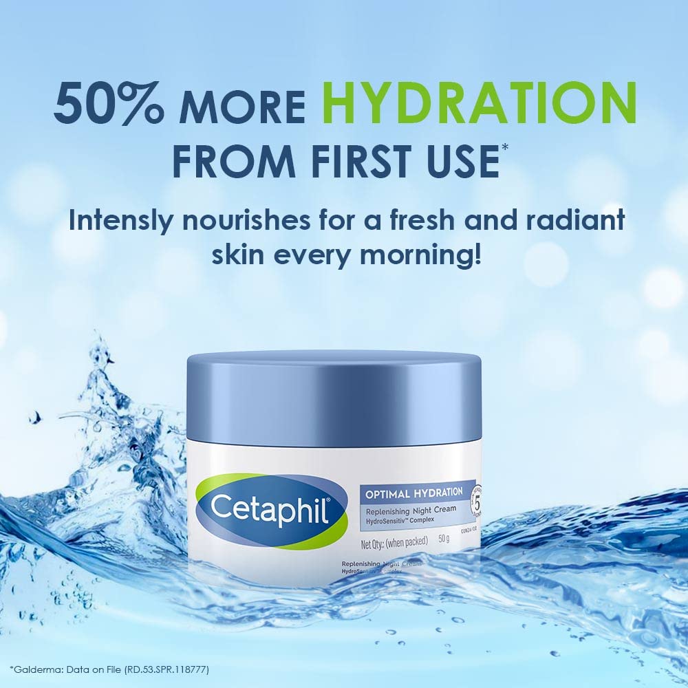 Cetaphil Optimal Hydration Replenishing Night Cream 50g | Lightweight & Fast Absorption | Hyaluronic Acid, Blue Daisy Extract, Niacinamide