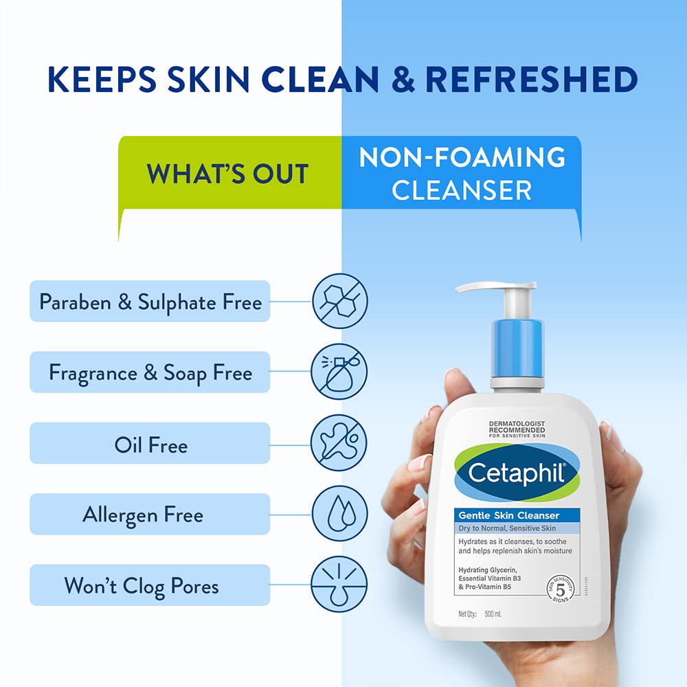 Cetaphil Gentle Skin Cleanser For Dry, Normal Sensitive Skin, 500ml Hydrating Face Wash With Niacinamide,Vitamin B5, Dermatologist Recommended, Paraben, Sulphate Free