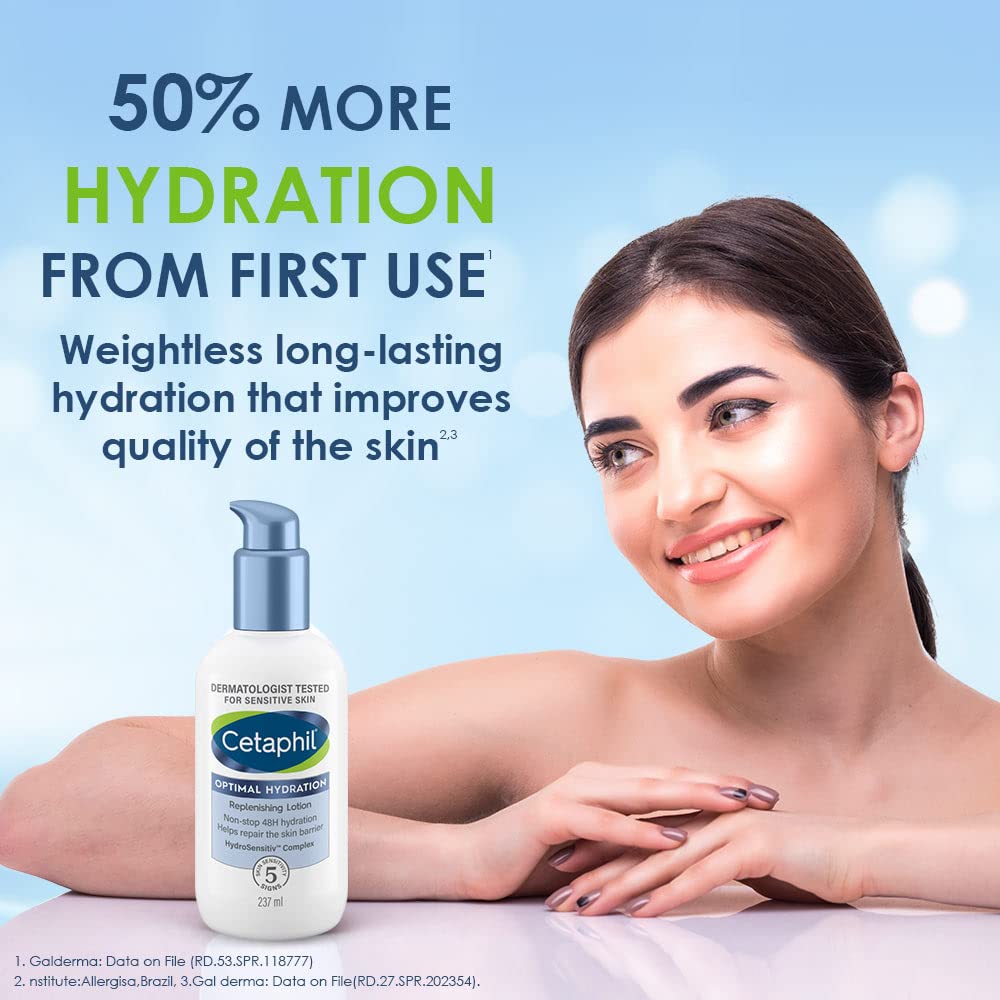 Cetaphil Optimal Hydration Replenishing Body Lotion 237ml | Lightweight moisturizer & non-greasy | Hyaluronic Acid, Sunflower Oil, Blue Daisy extract | Dermatologist Recommended for Sensitive Skin