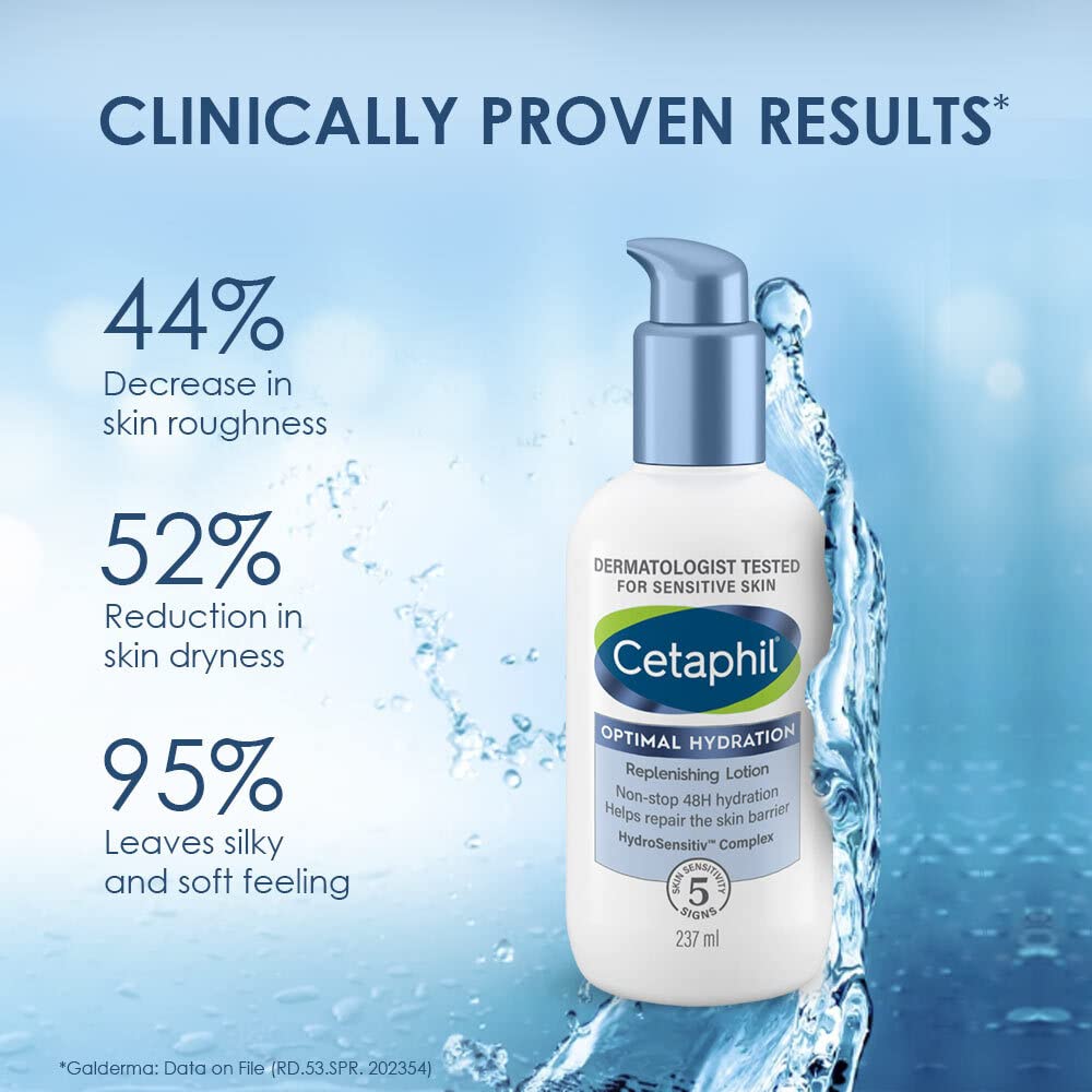 Cetaphil Optimal Hydration Replenishing Body Lotion 237ml | Lightweight moisturizer & non-greasy | Hyaluronic Acid, Sunflower Oil, Blue Daisy extract | Dermatologist Recommended for Sensitive Skin
