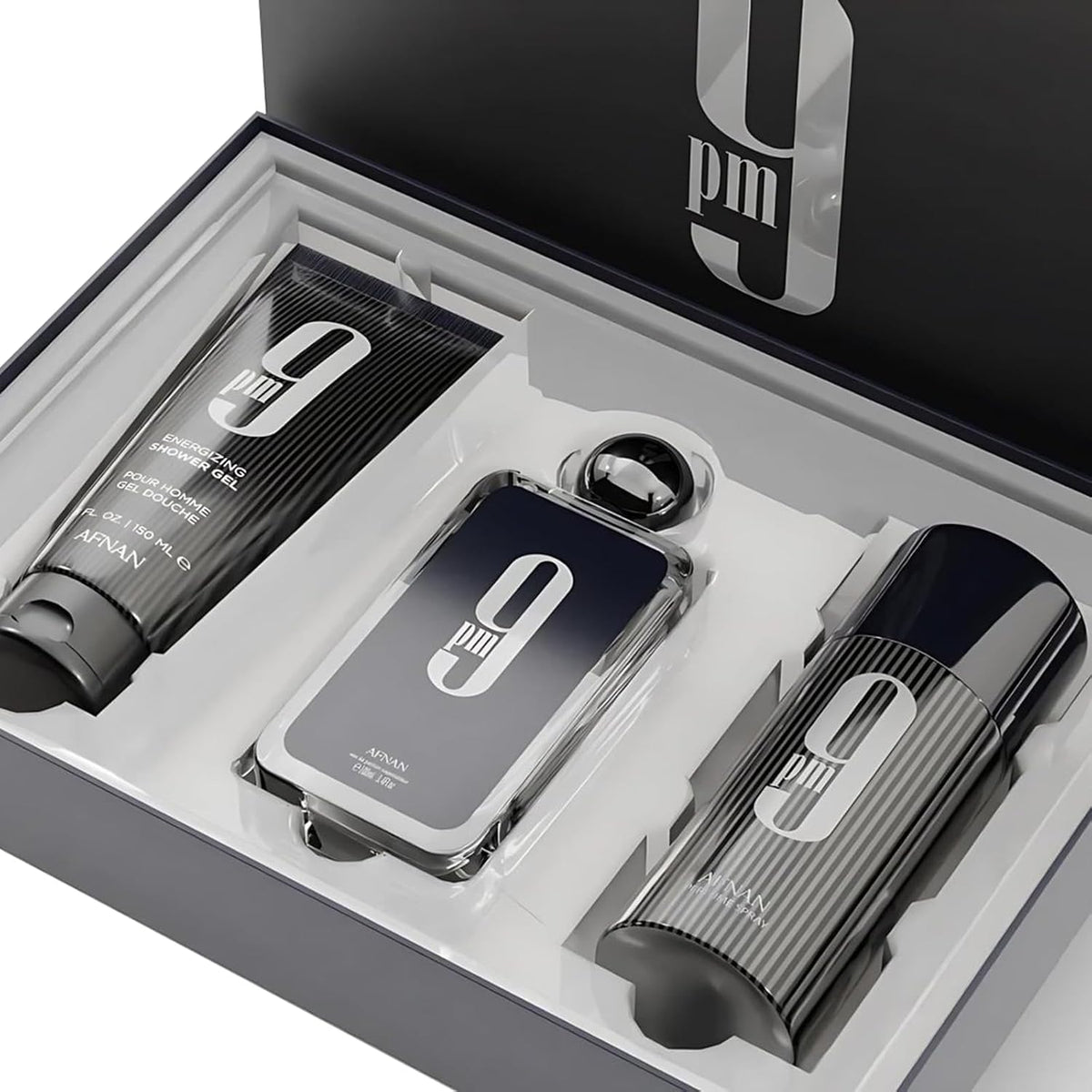 Afnan 9PM Homme 3-Piece Gift Set (containing the 100ml Eau de Parfum, 150ml Deodorant, and 150ml Shower Gel).