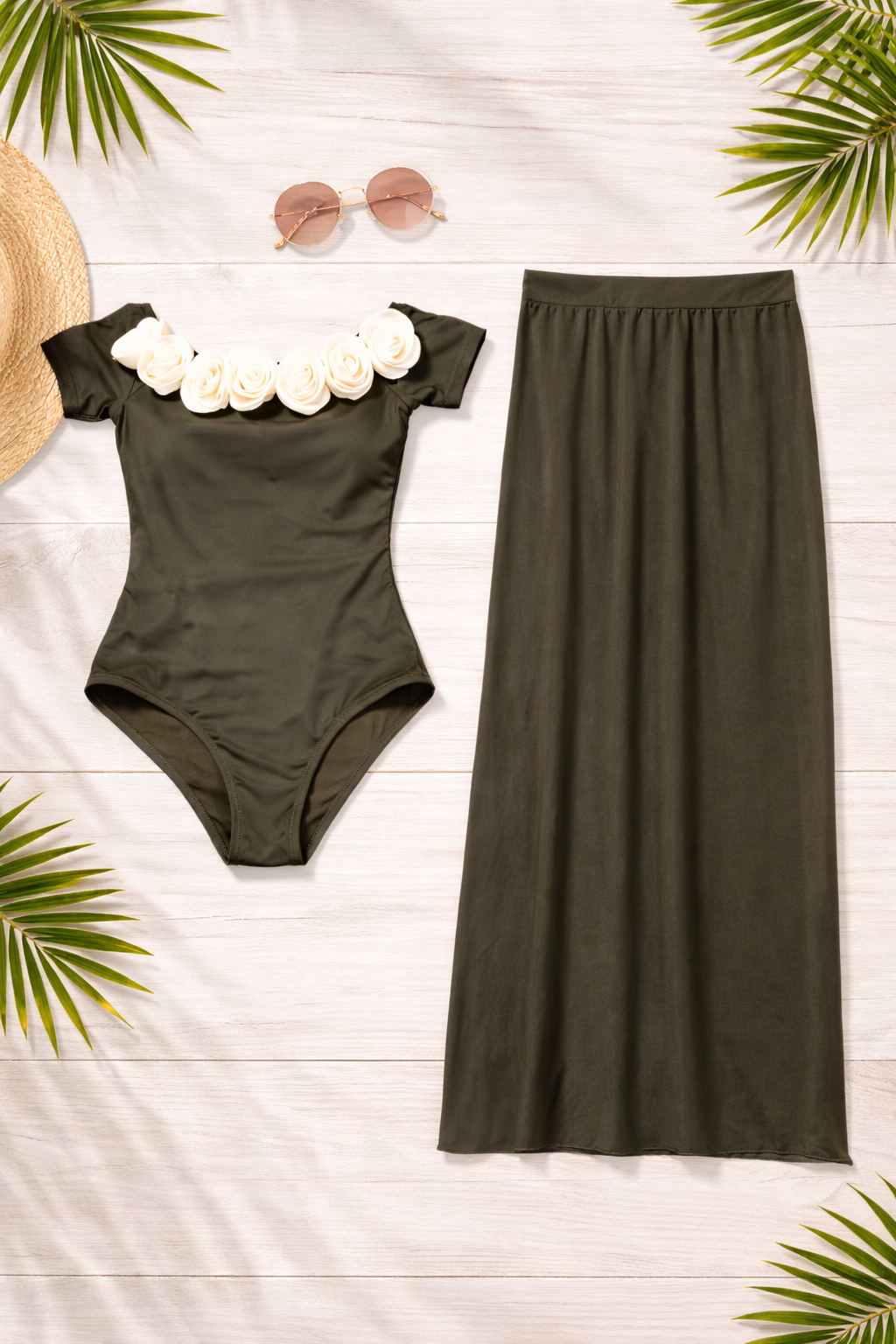 OLIVE BLOOM OFF-SHOULDER SWIMSUIT WITH MATCHING SKIRT - Kunchals