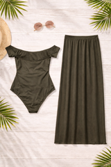 OLIVE BLOOM OFF-SHOULDER SWIMSUIT WITH MATCHING SKIRT - Kunchals