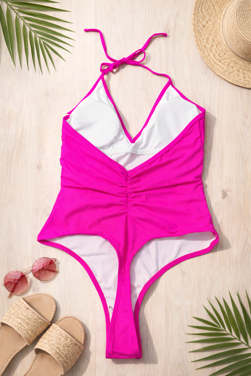 Hot Pink Halter-Neck One-Piece Swimsuit