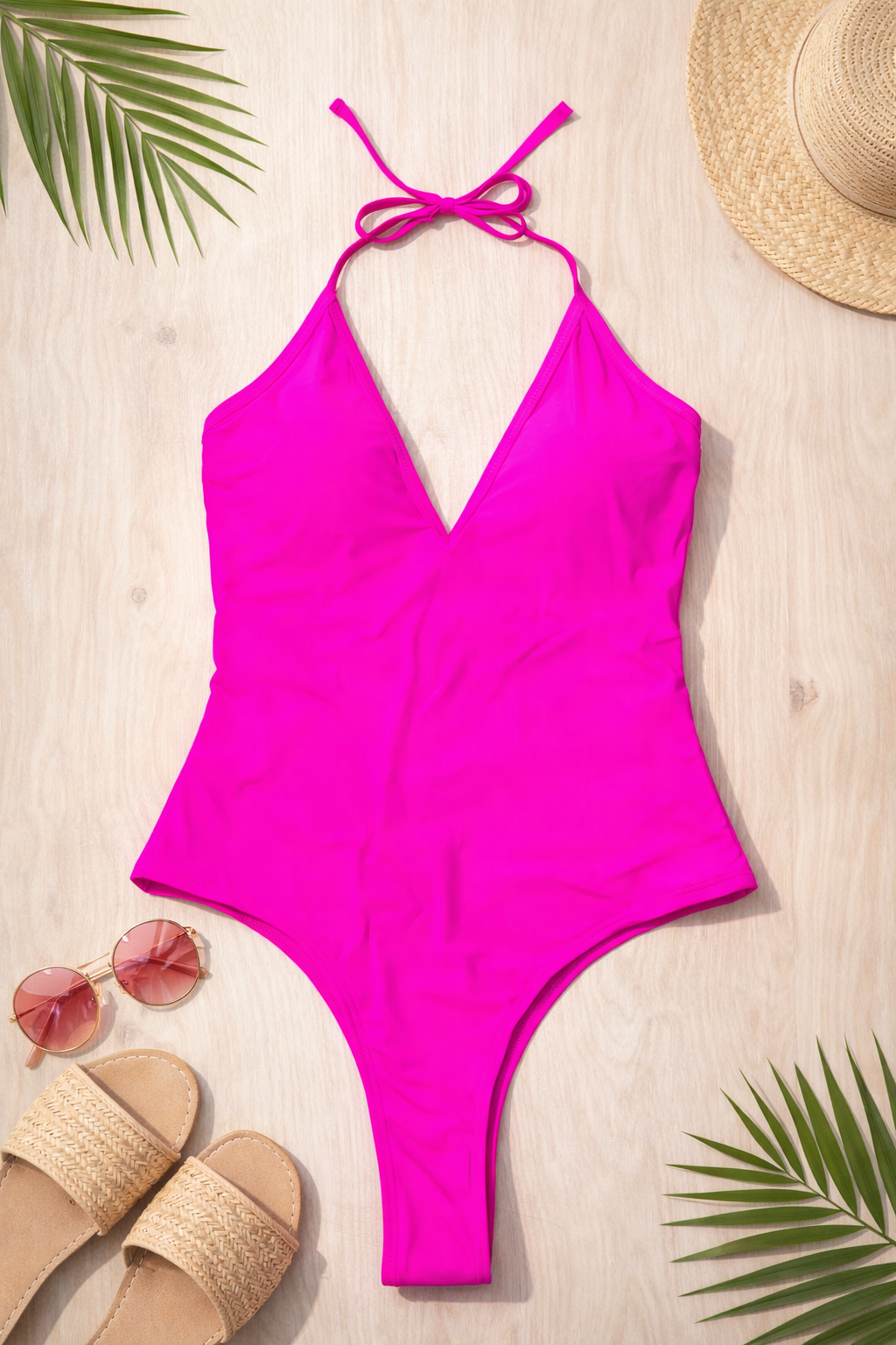 Hot Pink Halter-Neck One-Piece Swimsuit