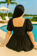 Black Breeze Puff Sleeve Short Dress