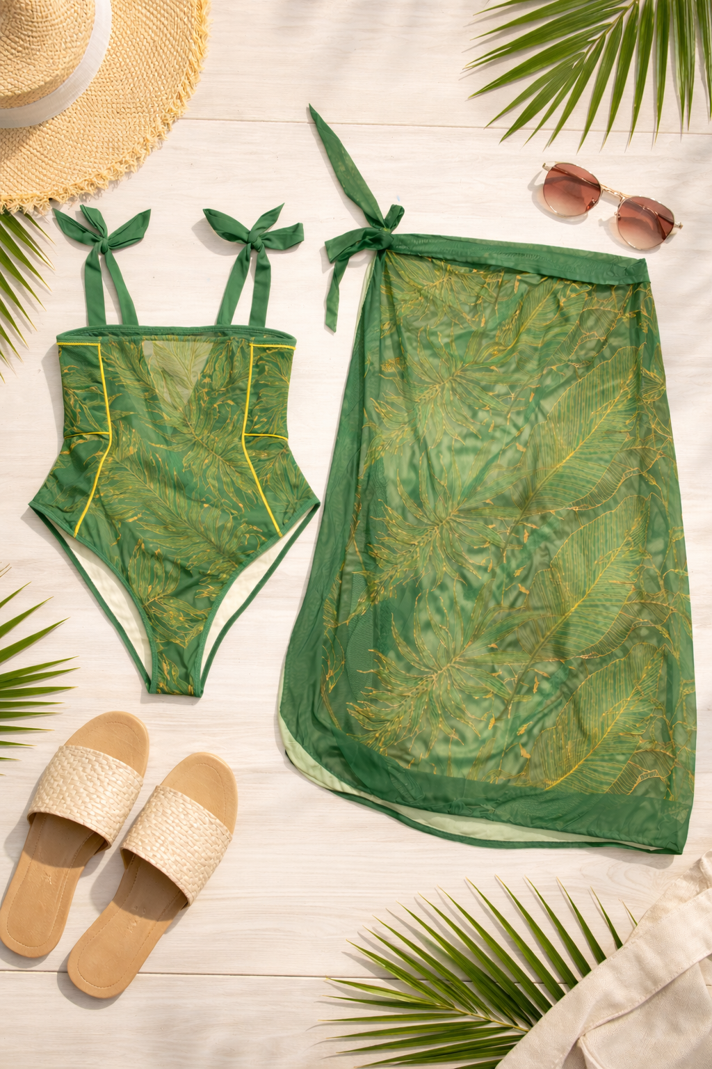 EMERALD LEAF PRINT SWIMSUIT WITH WRAP SARONG