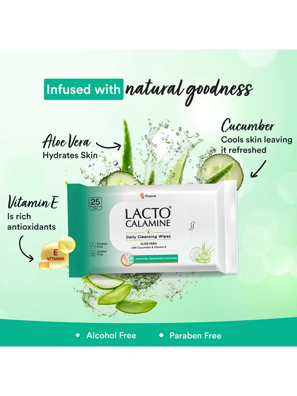 Lacto Calamine Daily Cleansing Face Wipes with Aloe Vera & Cucumber.