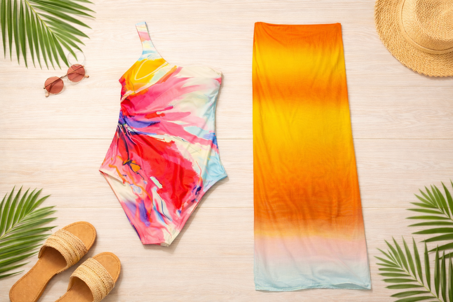 Sunrise Canvas One-Shoulder Swimsuit & Sarong Set