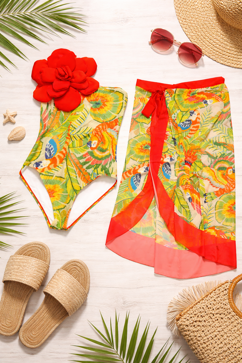 Scarlet Bloom Strapless Swimsuit & Sarong Set
