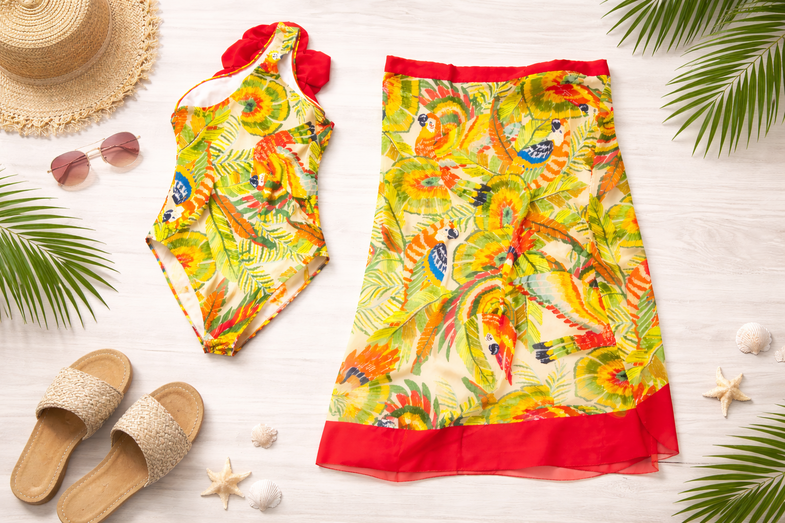 Scarlet Bloom Strapless Swimsuit & Sarong Set