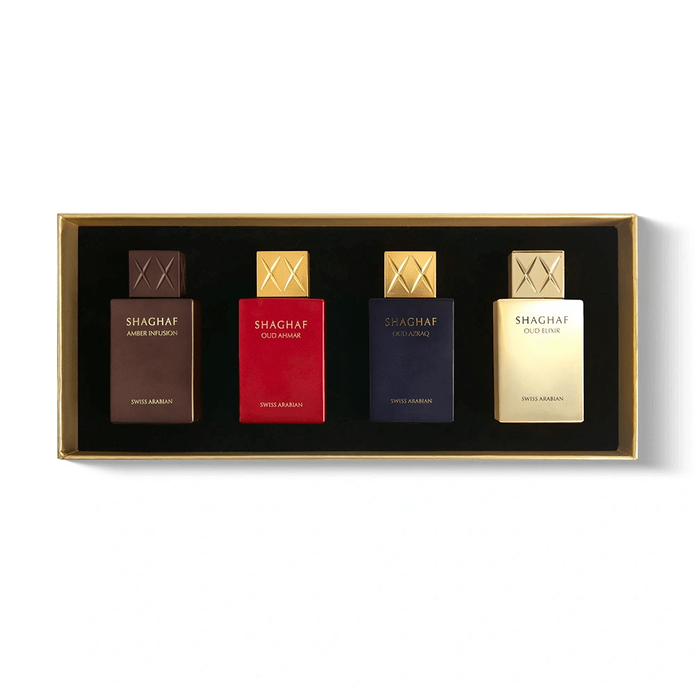 Swiss Arabian Shaghaf Mini Gift Set (OUD AHMAR + OUD AZRAQ + OUD ELIXIR  + AMBER INFUSION 25ML X 4)