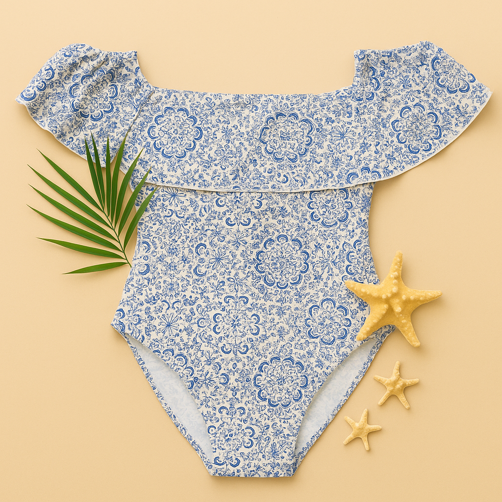 Blue Mosaic Off-Shoulder Swimsuit