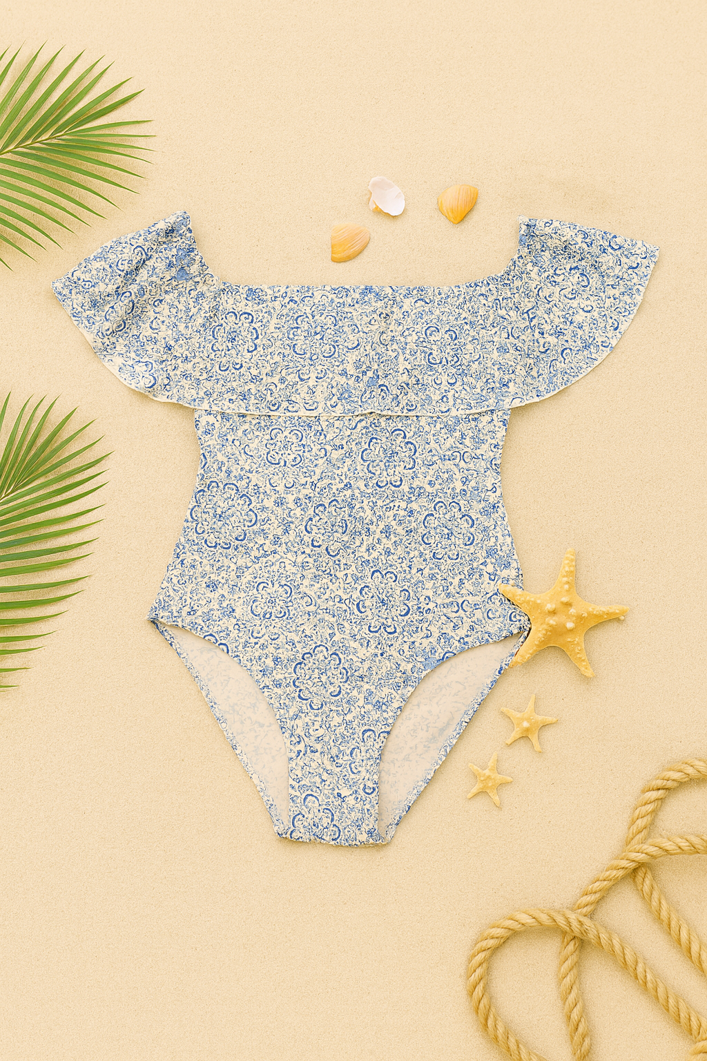 Blue Mosaic Off-Shoulder Swimsuit
