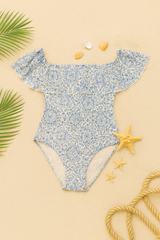 Blue Mosaic Off-Shoulder Swimsuit