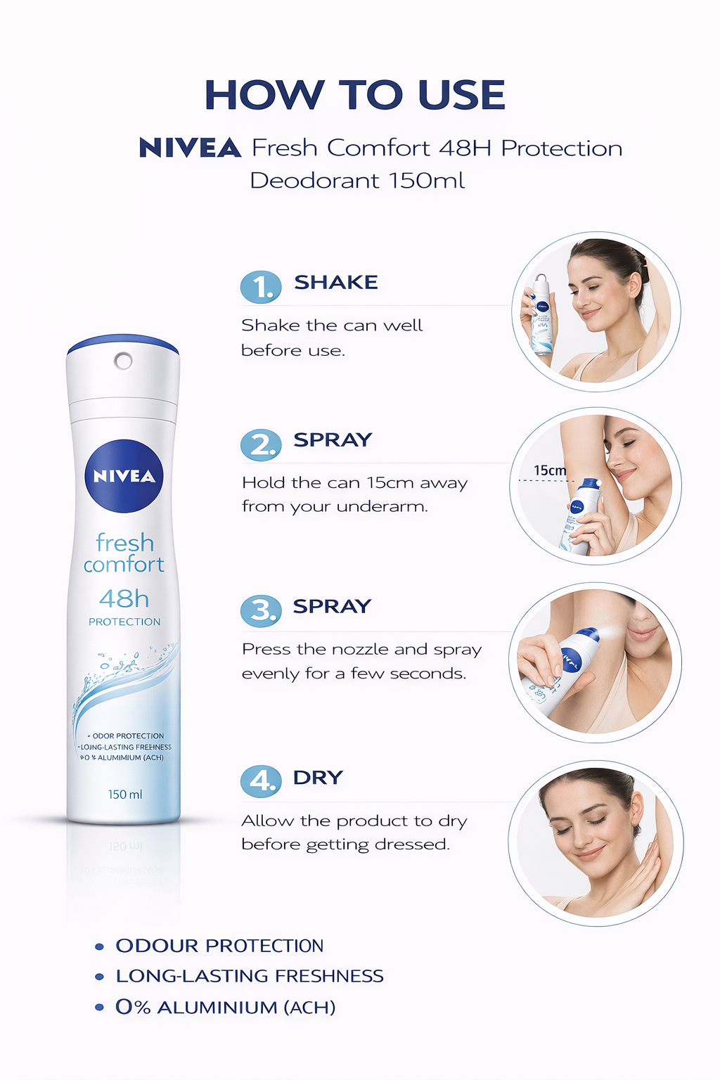 NIVEA FRESH COMFORT 48H PROTETION DEODORANT 150ML - Kunchals