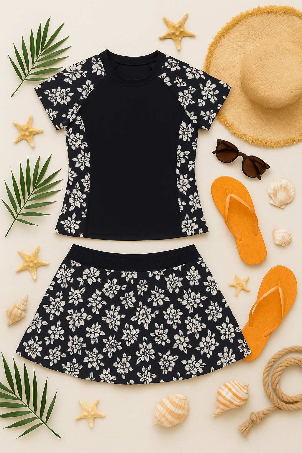 Black Flora Summer Swim Outfit
