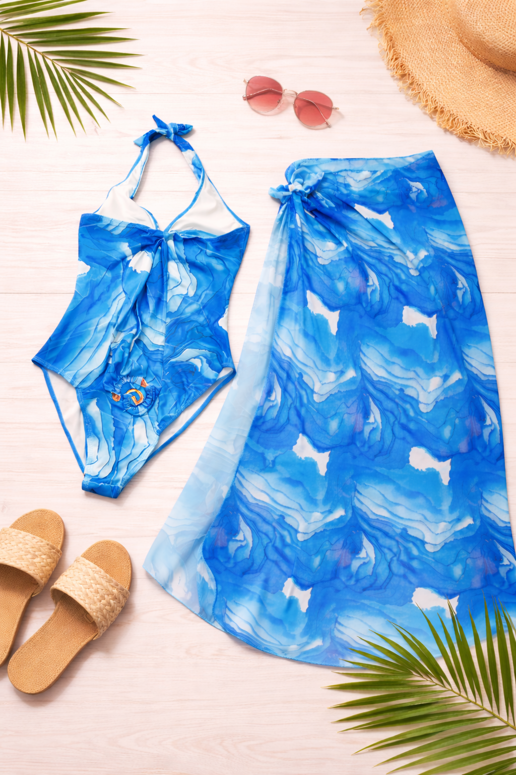 OCEAN MARBLE HALTER SWIMSUIT WITH COORDINATED SARONG - Kunchals