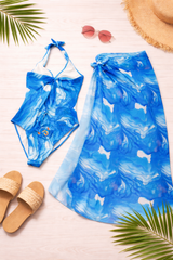 OCEAN MARBLE HALTER SWIMSUIT WITH COORDINATED SARONG - Kunchals