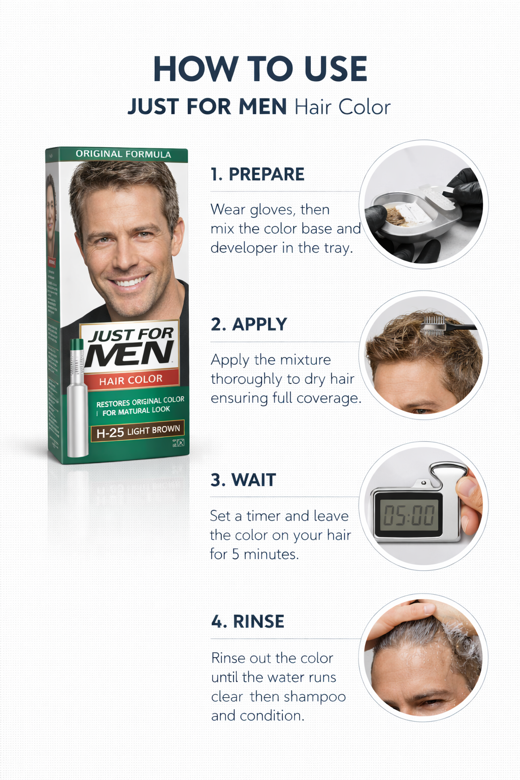 JUST FOR MEN ORIGINAL FORMULA HAIR COLOR H-25 LIGHT BROWN - Kunchals