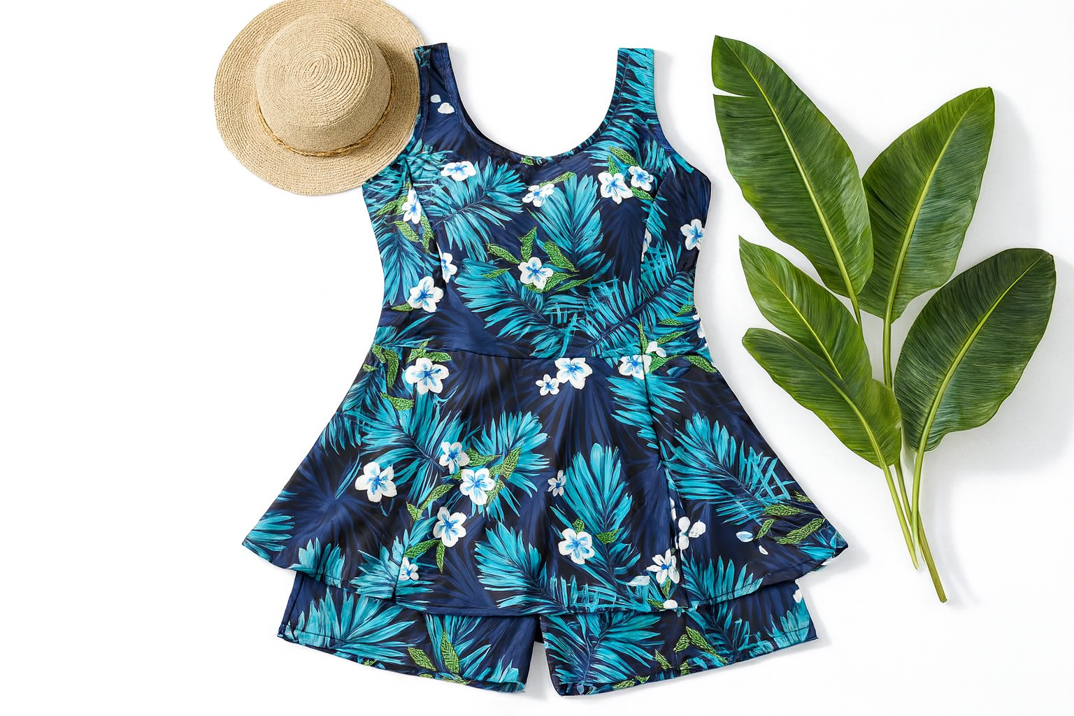 Blue Tropic Leaf Swim Dress