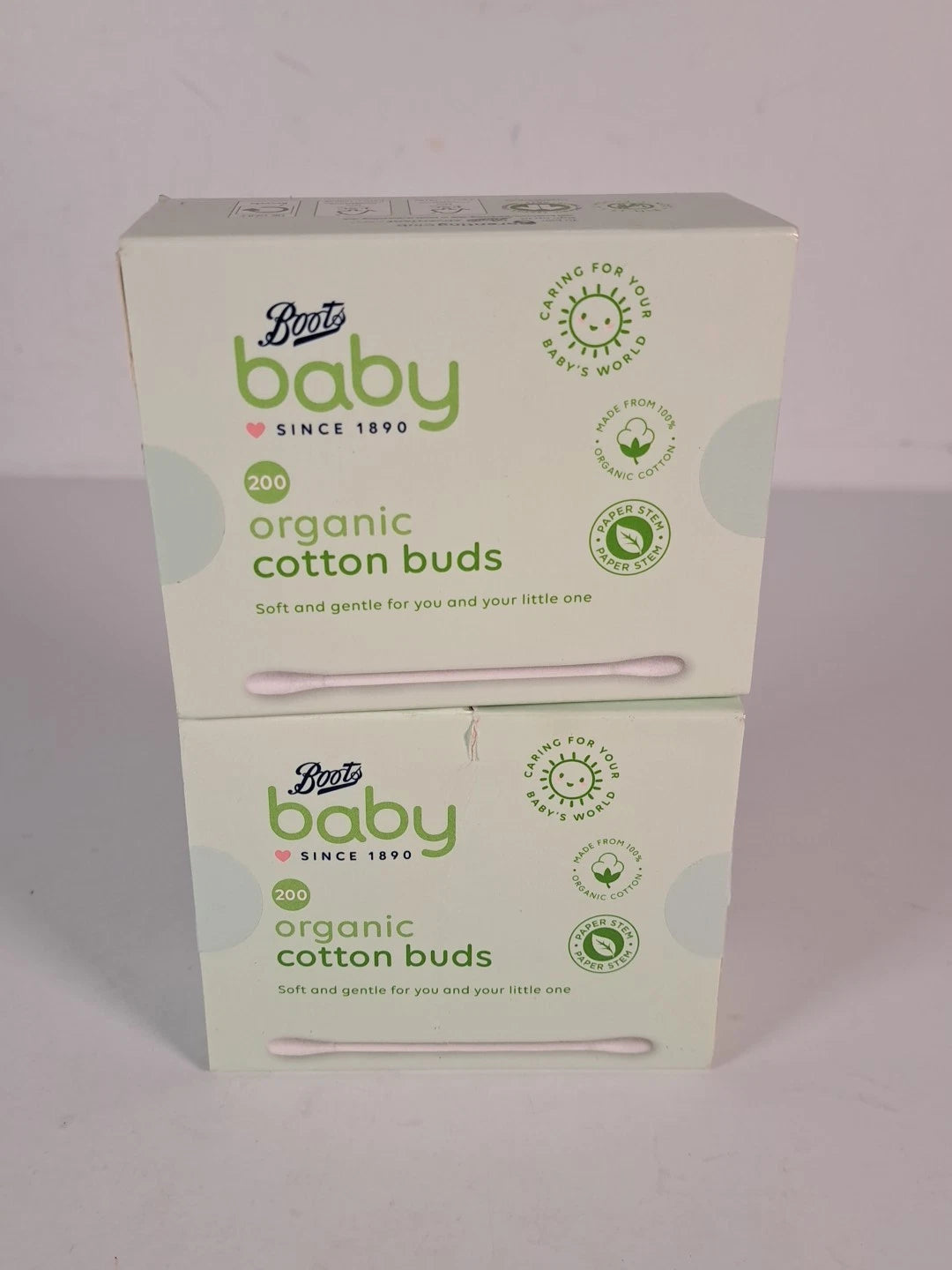 BOOTS Baby Organic Cotton Buds 2 x 200 BNIB Paper Stem Soft and Gentle