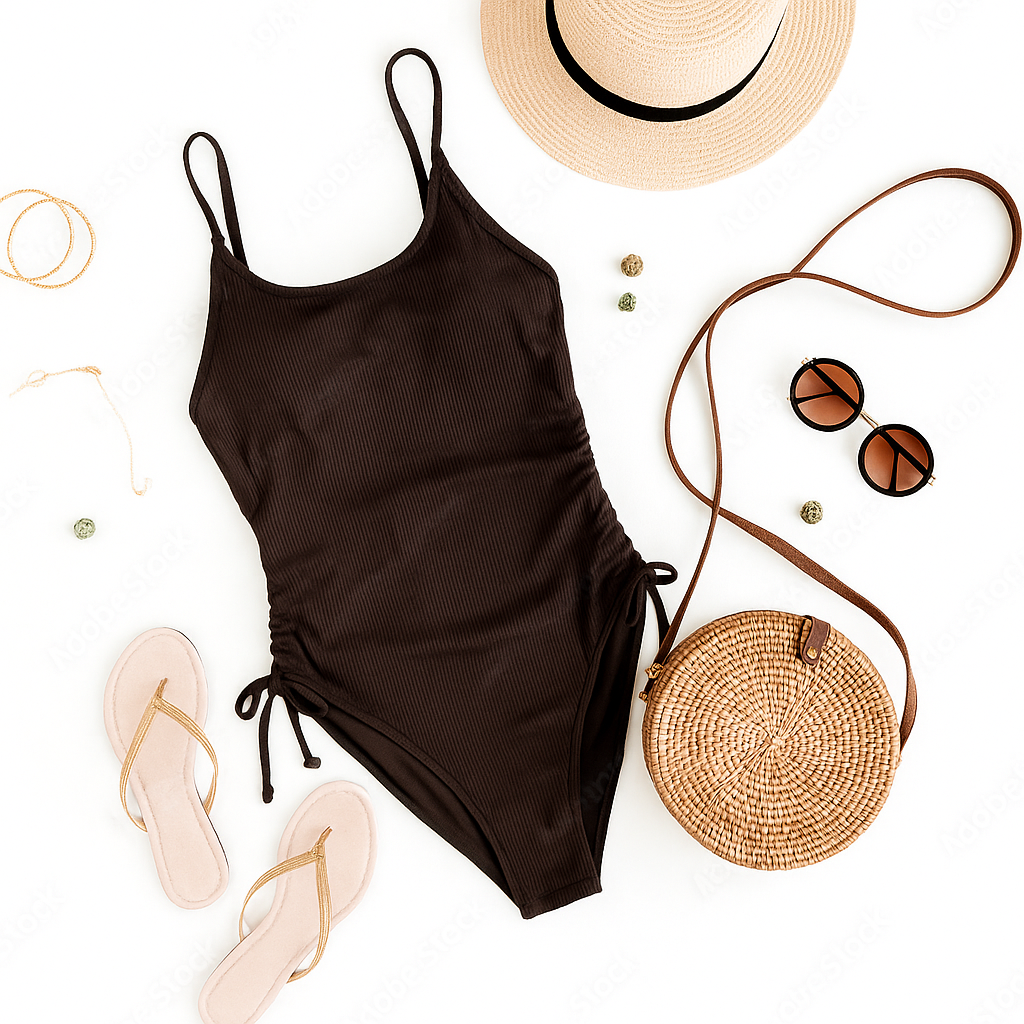 Brown Ribbed Drawstring One-Piece Swimsuit