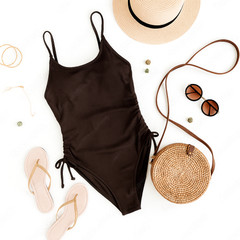 Brown Ribbed Drawstring One-Piece Swimsuit