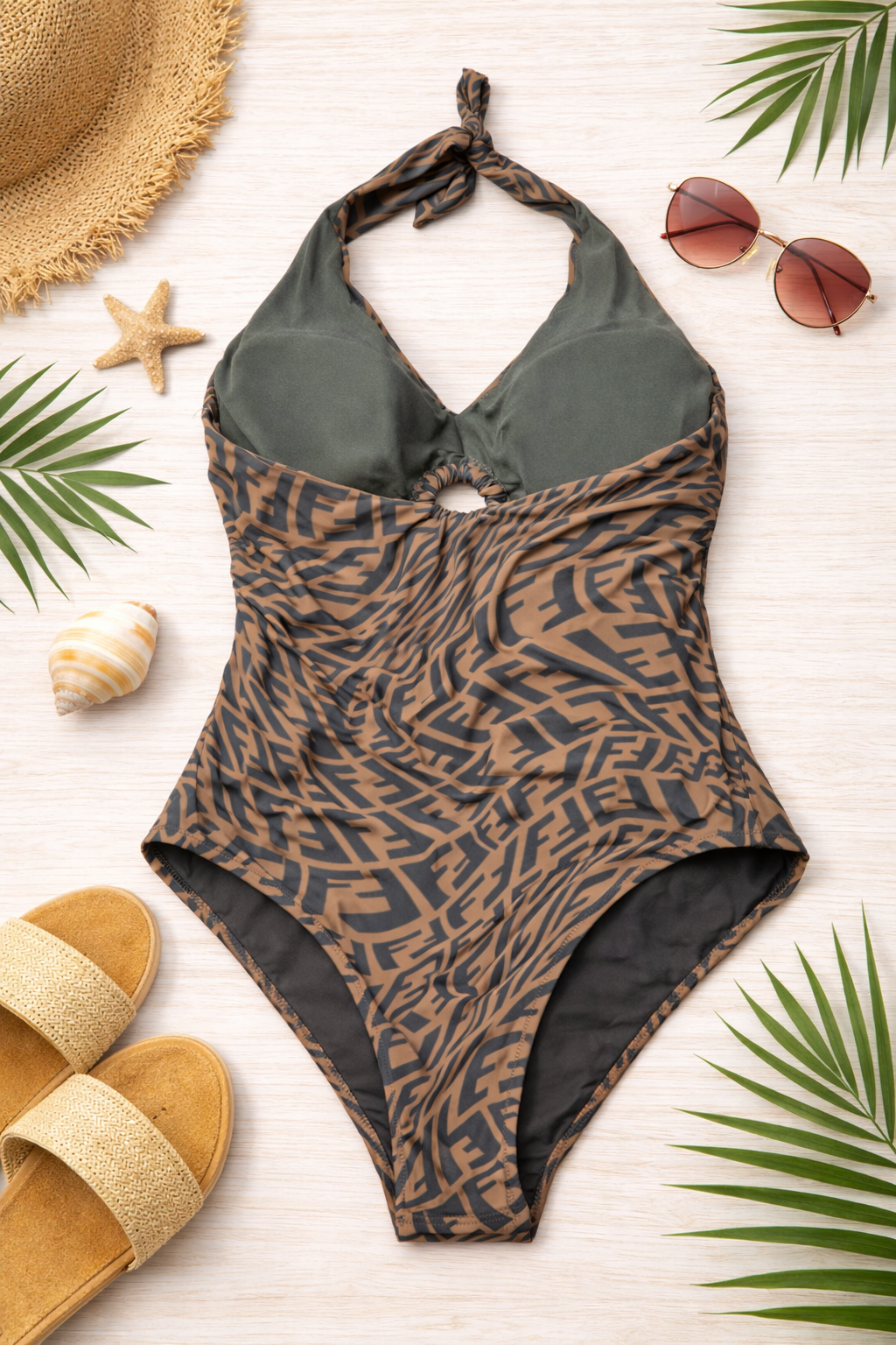 Mocha Geo Halter Ring One-Piece Swimsuit