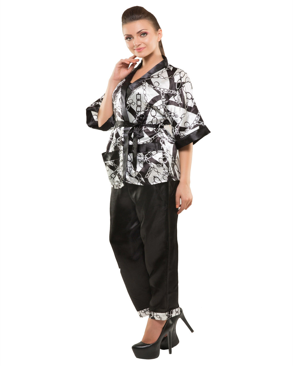 Eva Paris-3 Pes Set Full Pajam With Black+White Night Suit-K75-3353